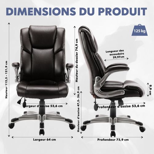 Chaise De Bureau Ergonomique En Simili, Accoudoirs Et Hauteur Réglables-marron