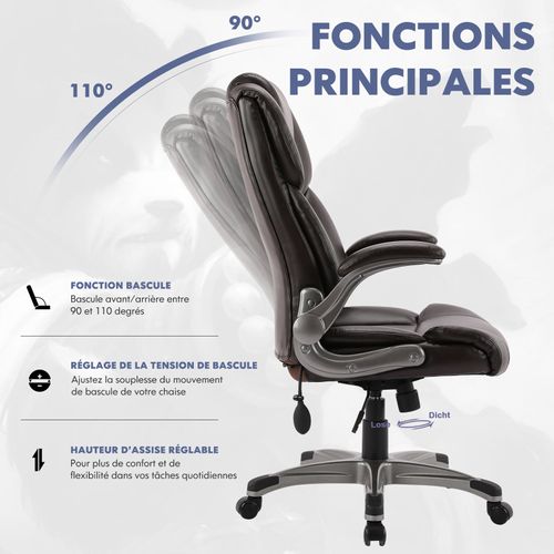 Chaise De Bureau Ergonomique En Simili, Accoudoirs Et Hauteur Réglables-marron