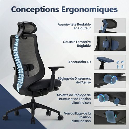 Chaise De Bureau Avec Accoudoirs 4d Et Siège Réglable Avant-arrière, Confort Optimal, Noir