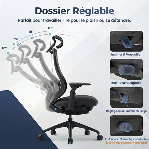 Chaise De Bureau Avec Accoudoirs 4d Et Siège Réglable Avant-arrière, Confort Optimal, Noir