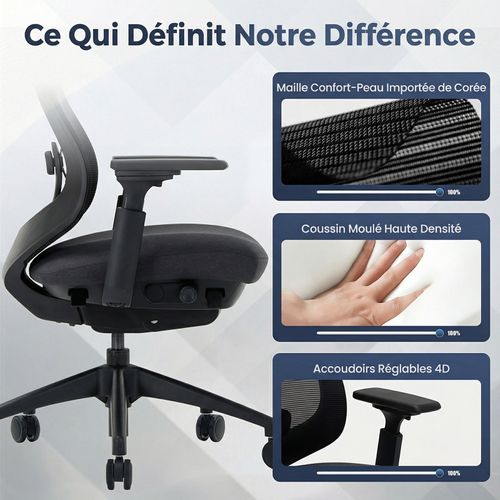 Chaise De Bureau Avec Accoudoirs 4d Et Siège Réglable Avant-arrière, Confort Optimal, Noir