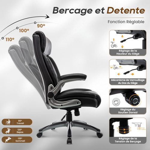 Chaise De Bureau Ergonomique Pivotante, Fauteuil De Direction, Capacité 150 Kg, Noir