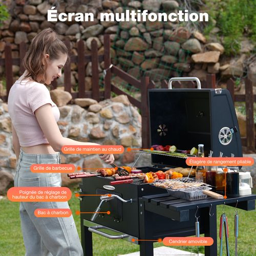 Barbecue Charbon de Bois,  Bac à Charbon Réglable en Hauteur, Table Latérale Pliante