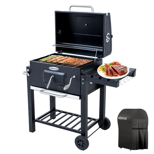 Barbecue Charbon de Bois,  Bac à Charbon Réglable en Hauteur, Table Latérale Pliante