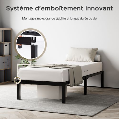 Cadre De Lit 90x200 Cm, Lit Adulte En Métal, Anti-rouille, Antidérapant, Montage Facile Sans Vis
