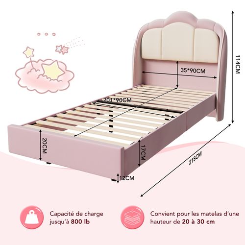 Lit Enfant 90×200 cm avec lampe LED Musicale, lit Flottant, tête De Lit Nuage, solide, lit rose