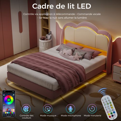 Lit Enfant 90×200 cm avec lampe LED Musicale, lit Flottant, tête De Lit Nuage, solide, lit rose