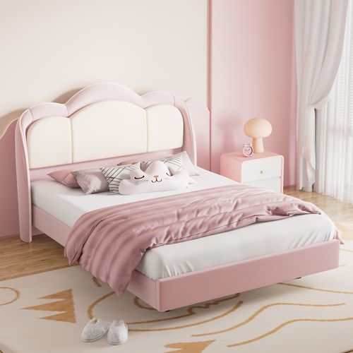 Lit Enfant 90×200 cm avec lampe LED Musicale, lit Flottant, tête De Lit Nuage, solide, lit rose