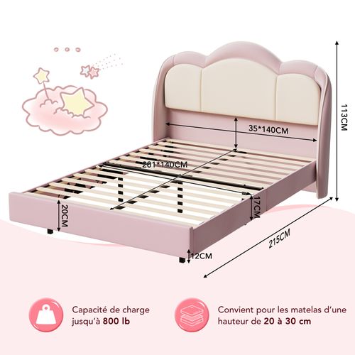 Lit Enfant 140×200 Cm Avec Lampe LED Musicale, Lit Flottant, Tête De Lit Nuage, Solide, Lit Rose