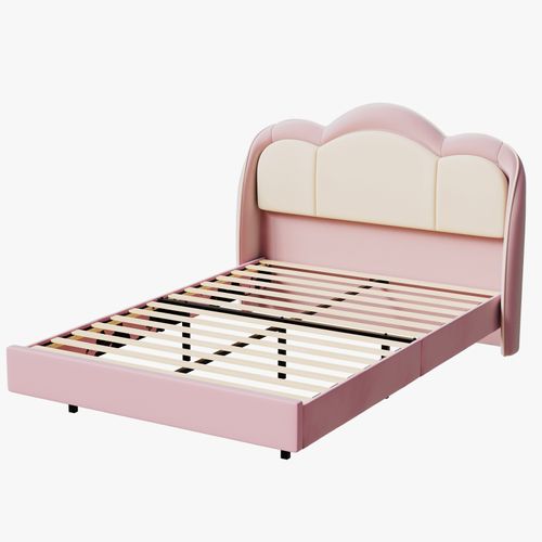 Lit Enfant 140×200 Cm Avec Lampe LED Musicale, Lit Flottant, Tête De Lit Nuage, Solide, Lit Rose