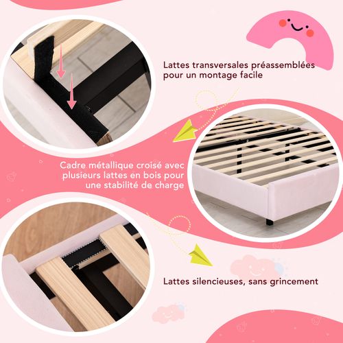 Lit Enfant 140×200 Cm Avec Lampe LED Musicale, Lit Flottant, Tête De Lit Nuage, Solide, Lit Rose