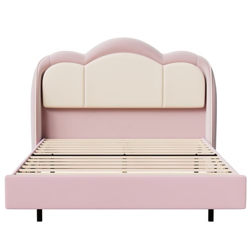 Lit Enfant 140×200 Cm Avec Lampe LED Musicale, Lit Flottant, Tête De Lit Nuage, Solide, Lit Rose