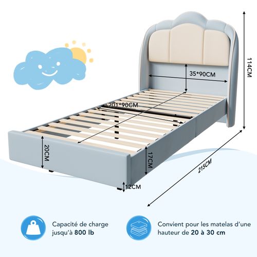 Lit Enfant 90×200 cm avec lampe LED Musicale, lit Flottant, tête De Lit Nuage, solide, lit bleu