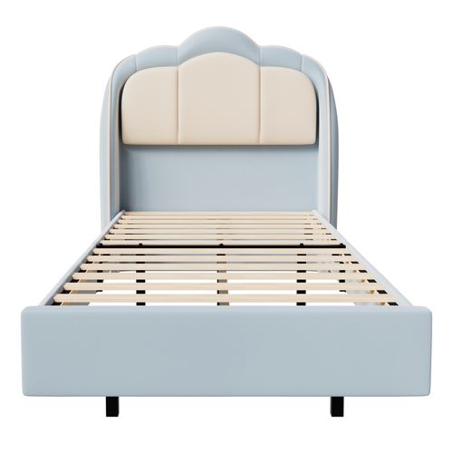 Lit Enfant 90×200 cm avec lampe LED Musicale, lit Flottant, tête De Lit Nuage, solide, lit bleu