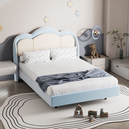 Lit Enfant 90×200 cm avec lampe LED Musicale, lit Flottant, tête De Lit Nuage, solide, lit bleu