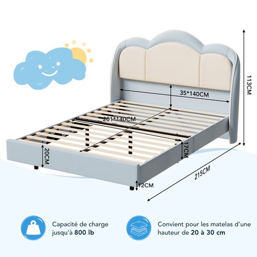 Lit Enfant 140×200 Cm Avec Lampe LED Musicale, Lit Flottant, Tête De Lit Nuage, Solide, Lit Bleu