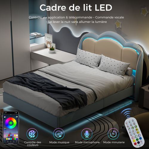 Lit Enfant 140×200 Cm Avec Lampe LED Musicale, Lit Flottant, Tête De Lit Nuage, Solide, Lit Bleu