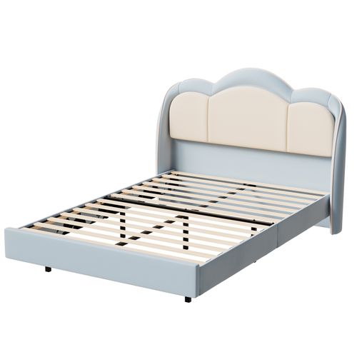 Lit Enfant 140×200 Cm Avec Lampe LED Musicale, Lit Flottant, Tête De Lit Nuage, Solide, Lit Bleu