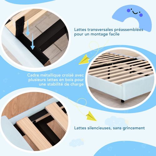 Lit Enfant 140×200 Cm Avec Lampe LED Musicale, Lit Flottant, Tête De Lit Nuage, Solide, Lit Bleu