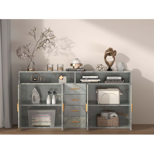 Buffet Moderne Avec 4 Tiroirs, 2 Portes Et 2 Compartiments Ouverts – Meuble De Rangement