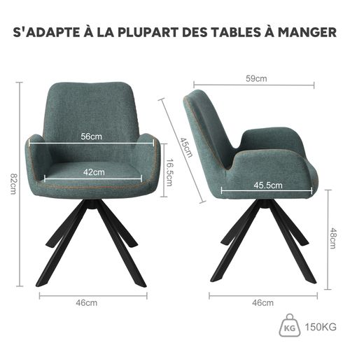 Lot de 2 chaises salle à manger et cuisine, bureau – Confort 56×59×82 cm – 360°