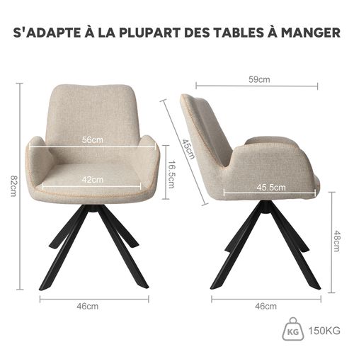 Lot de 2 chaises salle à manger et cuisine, bureau – Confort 56×59×82 cm – 360°