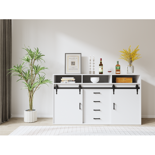 Buffet long coulissant avec 4 tiroirs et 2 portes coulissantes – 140 × 80 × 40 cm | Blanc
