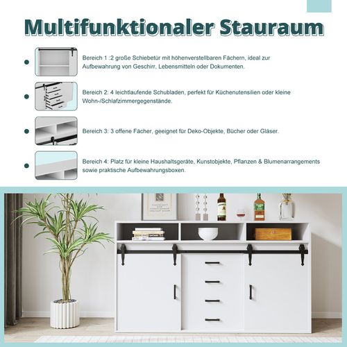 Buffet long coulissant avec 4 tiroirs et 2 portes coulissantes – 140 × 80 × 40 cm | Blanc