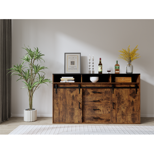 Buffet long coulissant avec 4 tiroirs et 2 portes coulissantes – 140 × 80 × 40 cm | Brun