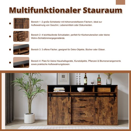 Buffet long coulissant avec 4 tiroirs et 2 portes coulissantes – 140 × 80 × 40 cm | Brun