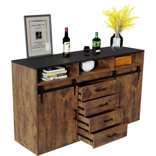 Buffet long coulissant avec 4 tiroirs et 2 portes coulissantes – 140 × 80 × 40 cm | Brun