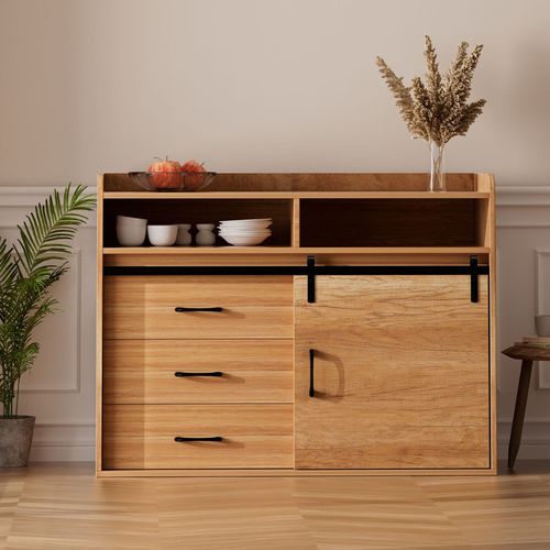 Buffet coulissant avec 3 tiroirs et 1 porte coulissante – 107 x 80 x 40 cm | Couleur du bois