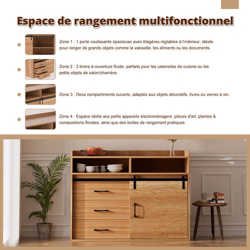 Buffet coulissant avec 3 tiroirs et 1 porte coulissante – 107 x 80 x 40 cm | Couleur du bois