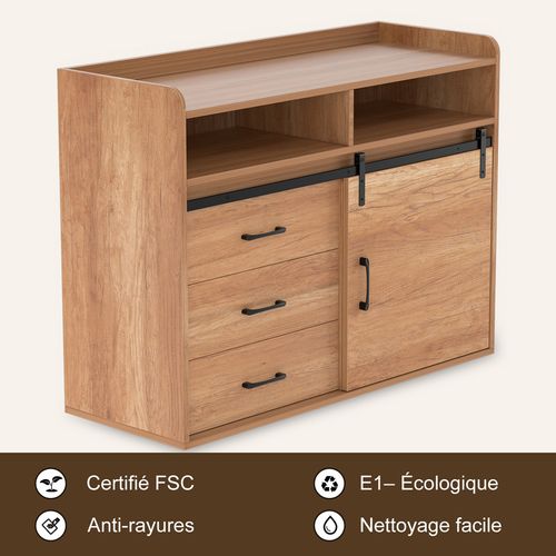 Buffet coulissant avec 3 tiroirs et 1 porte coulissante – 107 x 80 x 40 cm | Couleur du bois