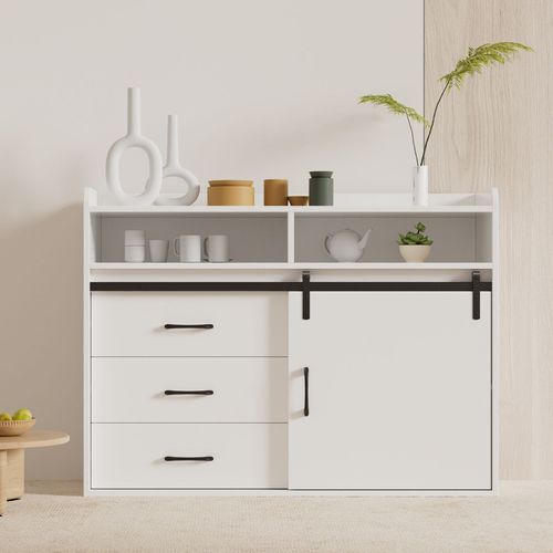 Buffet coulissant avec 3 tiroirs et 1 porte coulissante – 107 x 80 x 40 cm | Blanc