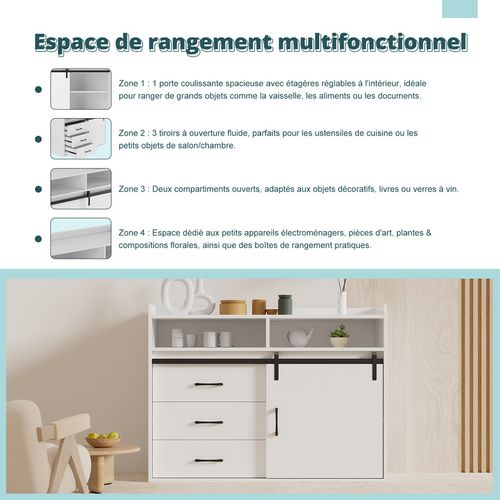 Buffet coulissant avec 3 tiroirs et 1 porte coulissante – 107 x 80 x 40 cm | Blanc