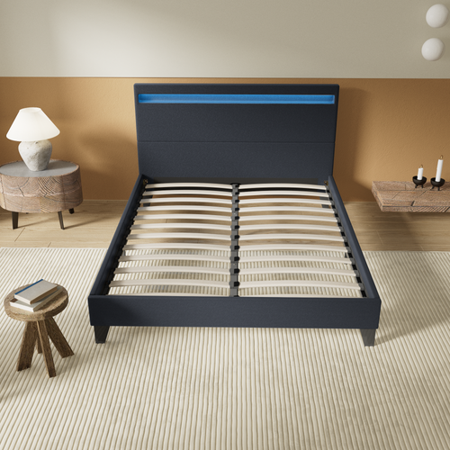 Lit 140x190 cm Éclairage LED Simili-cuir Noir