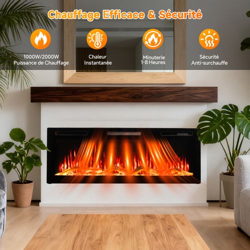 50'' Cheminée Électrique, 1000/2000W, Flamme 3D, APP Contrôle, Pose Murale / Encastrable