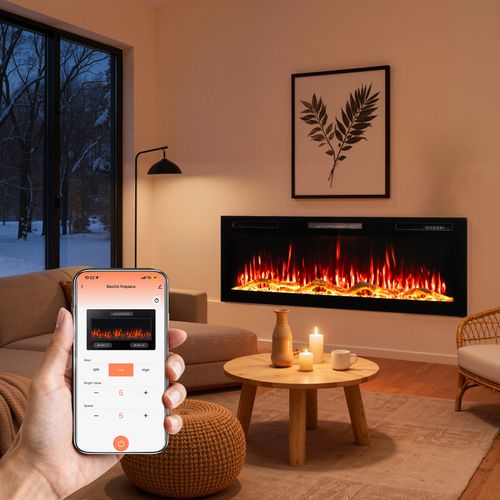 50'' Cheminée Électrique, 1000/2000W, Flamme 3D, APP Contrôle, Pose Murale / Encastrable