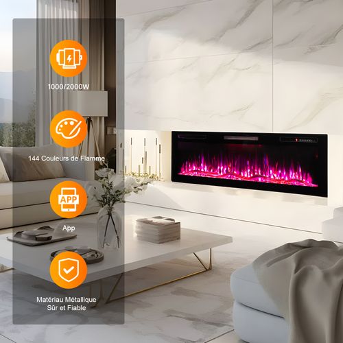 50'' Cheminée Électrique, 1000/2000W, Flamme 3D, APP Contrôle, Pose Murale / Encastrable