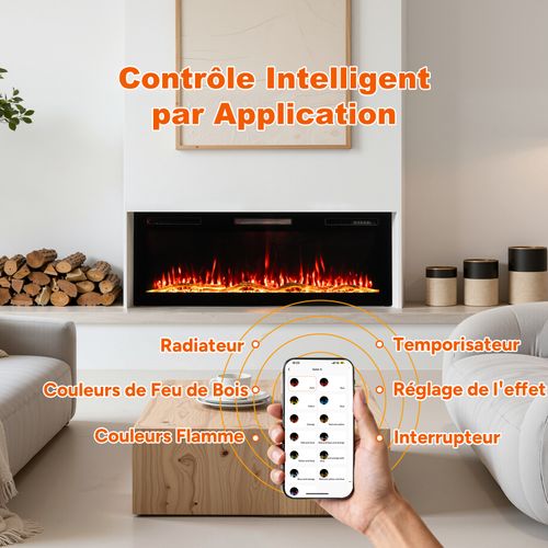 50'' Cheminée Électrique, 1000/2000W, Flamme 3D, APP Contrôle, Pose Murale / Encastrable