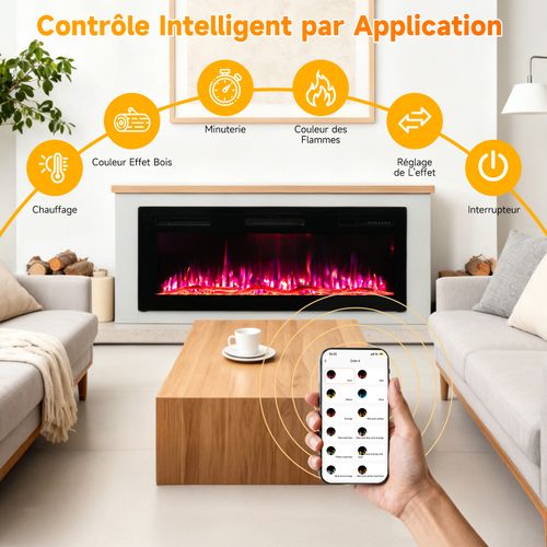 50'' Cheminée Électrique, 1000/2000W, Flamme 3D, APP Contrôle, Meuble Incluse