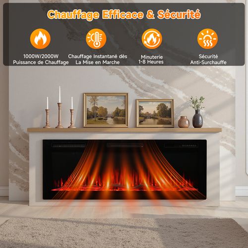 50'' Cheminée Électrique, 1000/2000W, Flamme 3D, APP Contrôle, Meuble Incluse