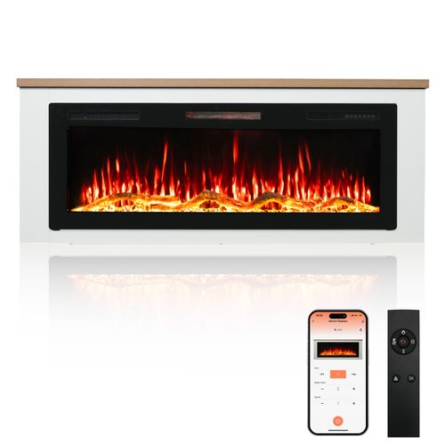 50'' Cheminée Électrique, 1000/2000W, Flamme 3D, APP Contrôle, Meuble Incluse