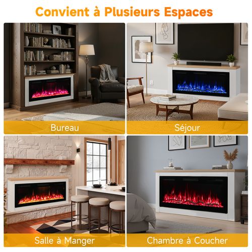 50'' Cheminée Électrique, 1000/2000W, Flamme 3D, APP Contrôle, Meuble Incluse