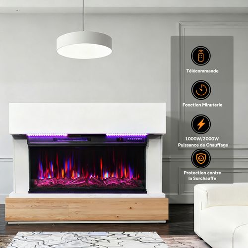 36'' Cheminée Électrique, 1000/2000W, Flamme 3D, Bandeau LED, Meuble Incluse