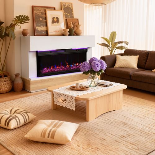 36'' Cheminée Électrique, 1000/2000W, Flamme 3D, Bandeau LED, Meuble Incluse