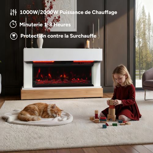 36'' Cheminée Électrique, 1000/2000W, Flamme 3D, Bandeau LED, Meuble Incluse