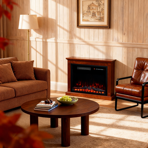 23'' Cheminée Électrique, 1000/2000W, Flamme 3D, Meuble Incluse en marron