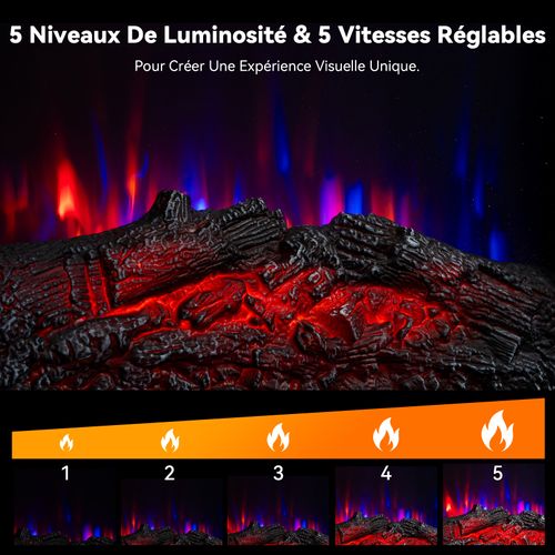 18'' Cheminée Électrique, 900/1800W, Flamme 3D, Bandeau LED, Meuble Incluse